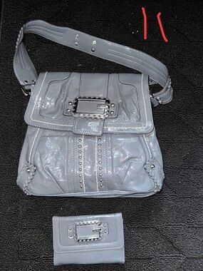 Gray Studded Patent Leather Shoulder Bag with Matching Wallet